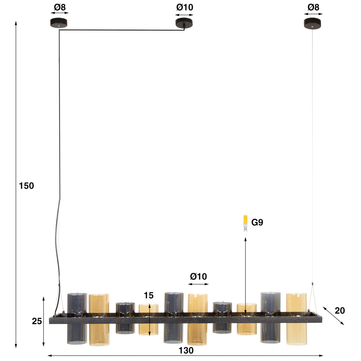 Hängelampe Khai 10-flammig Zylinder gemischtes Glas