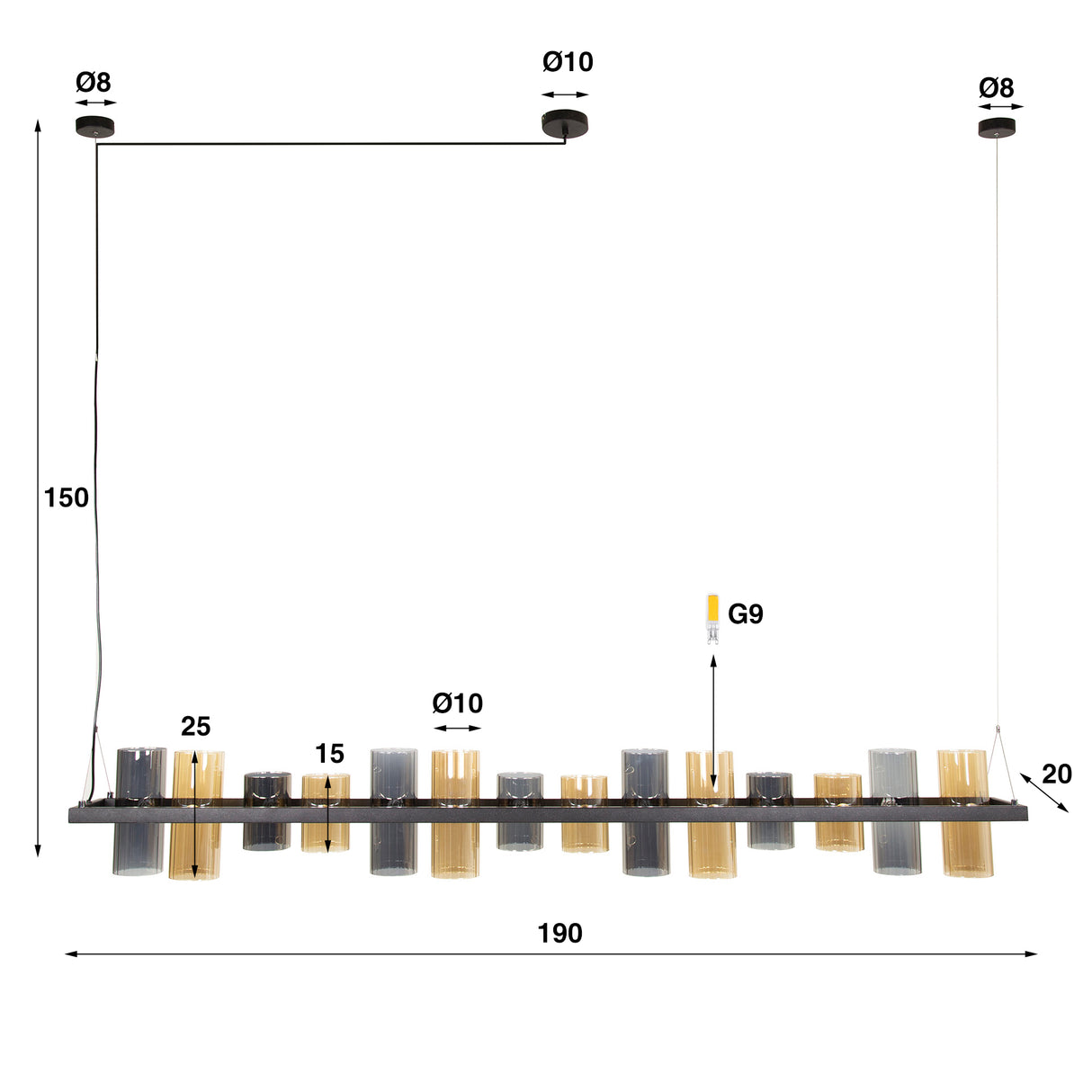 Hängeleuchte Khai 14-flammig Zylinder gemischtes Glas