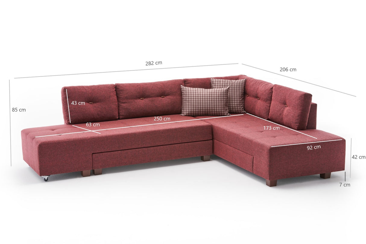 Banken - Slaapbank rood stof - XL 280x206 cm - met wielen - Rechts - Manama - Dimehouse