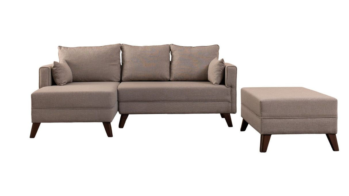 Schlafsofa aus champagnerfarbenem Stoff - 2-Sitzer - inklusive Hocker - linksseitig - Bella