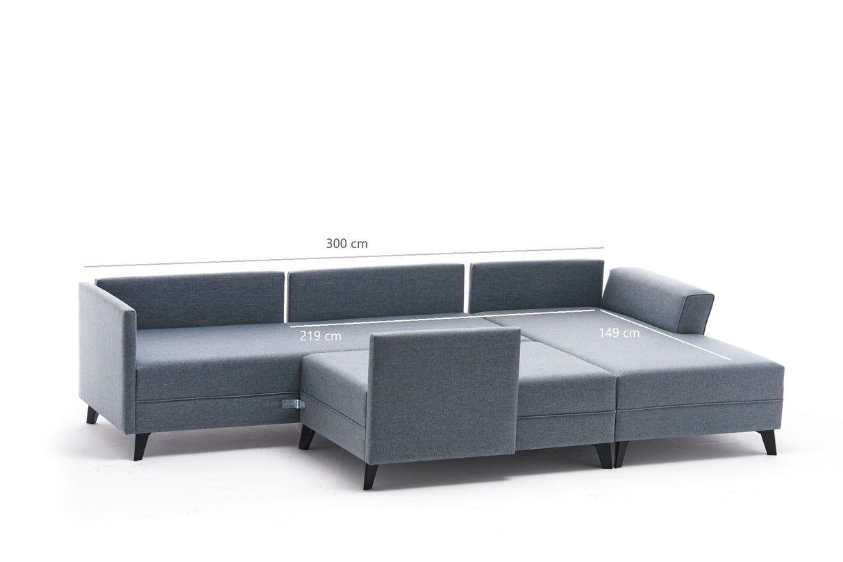 Schlafsofa blauer Stoff – U-Sofa – XXL 300 × 202 × 152 cm – Belen