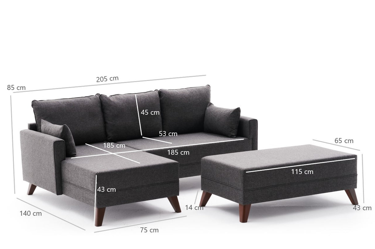 Schlafsofa aus anthrazitfarbenem Stoff - 2-Sitzer - inklusive Hocker - linksseitig - Bella