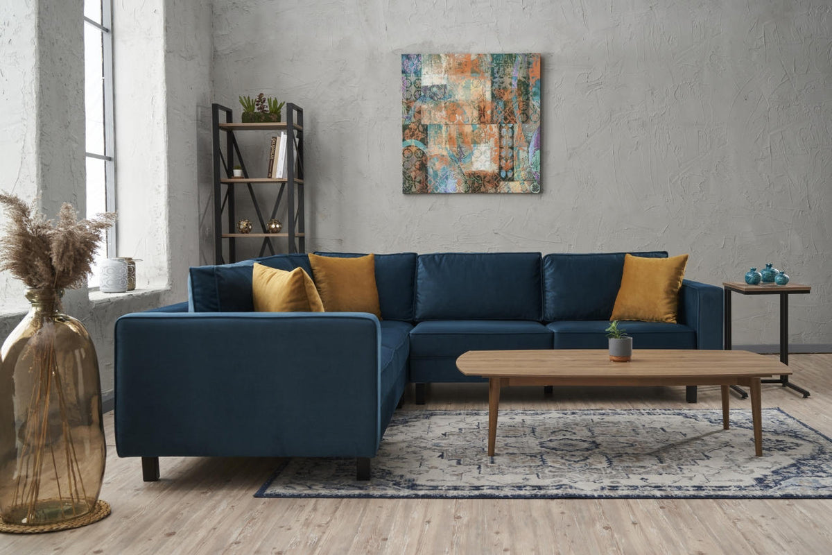 Banken - Ecksofa Glatze Samt Marineblau - fünf Personen - Dimehouse
