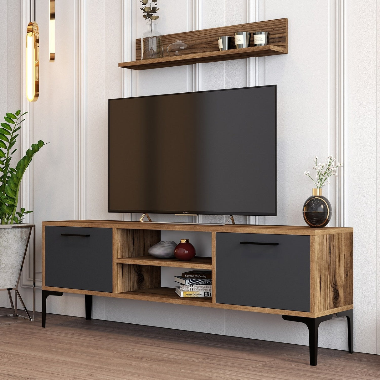 TV-Möbel Set Riga Walnuss Anthrazit Melamin 140x48x30 cm