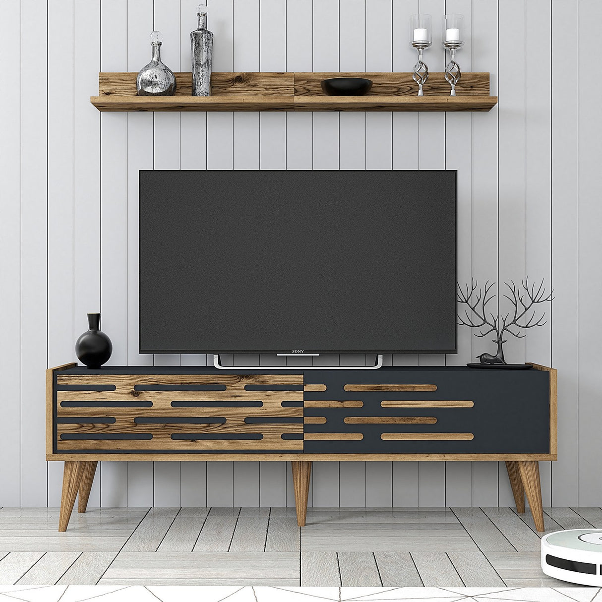 TV-Möbel Set Valsiya Walnuss Anthrazit Melamin 140x35x45 cm