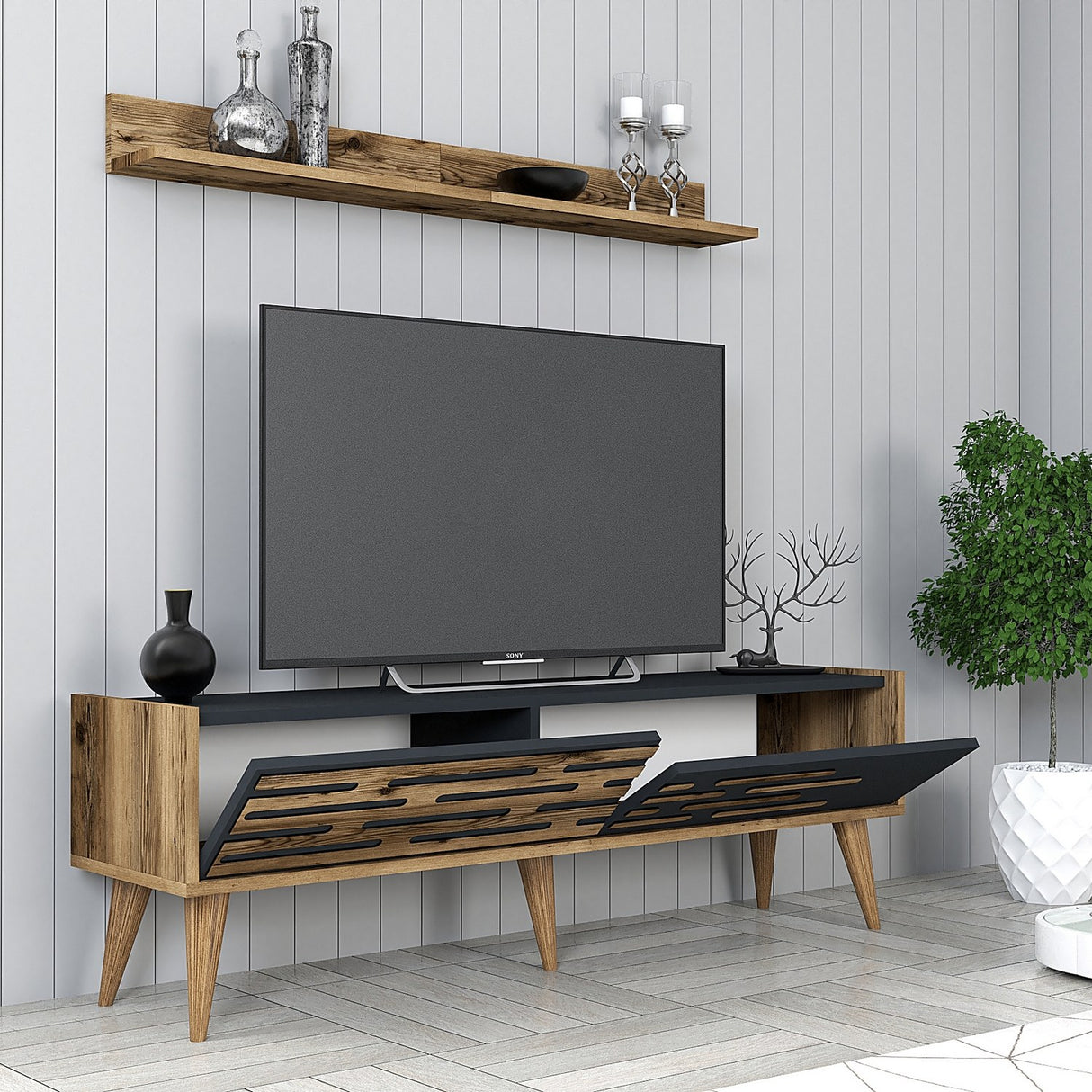 TV-Möbel Set Valsiya Walnuss Anthrazit Melamin 140x35x45 cm