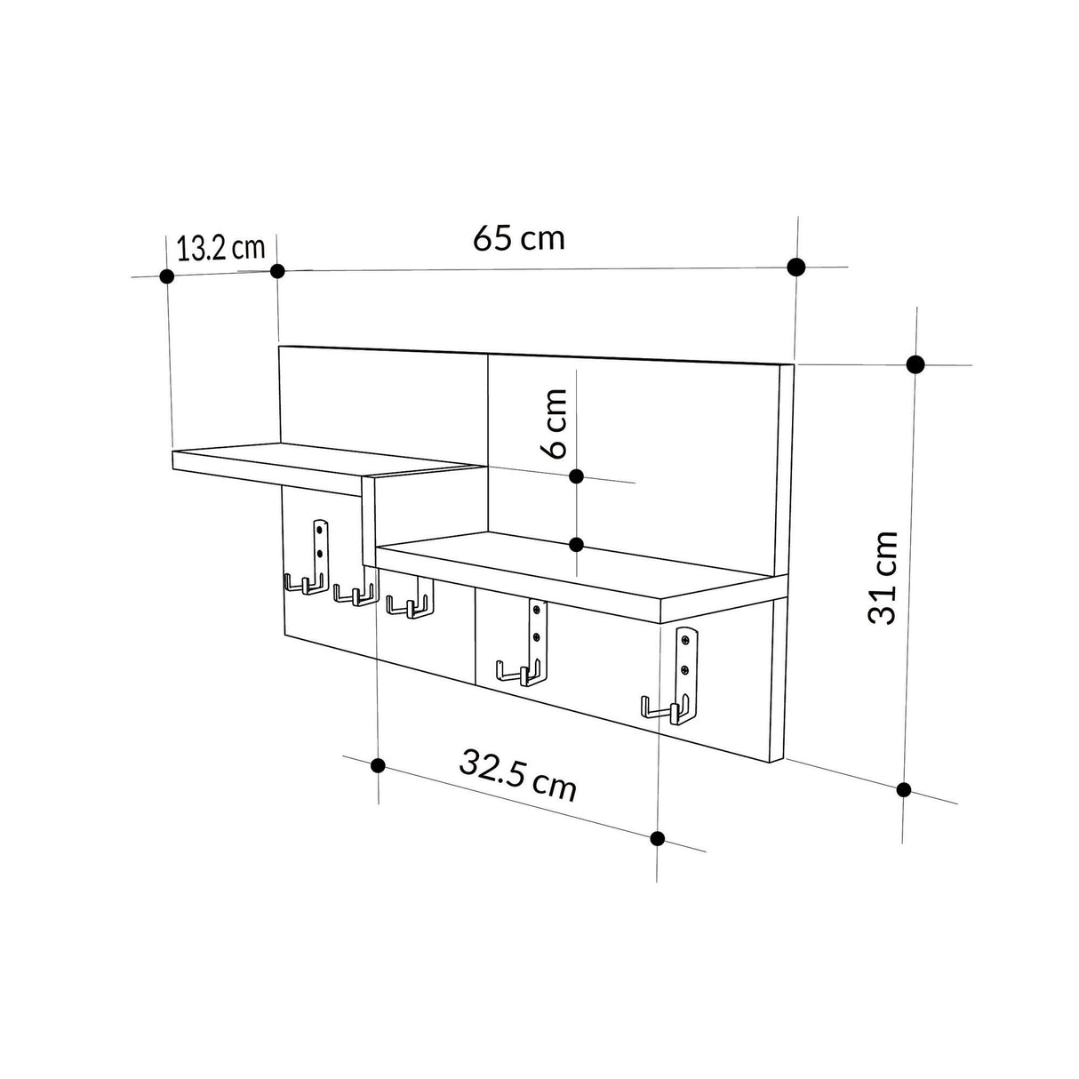 Garderobe 5-Haken Weiß, Eichenholz Melamin - 65 cm