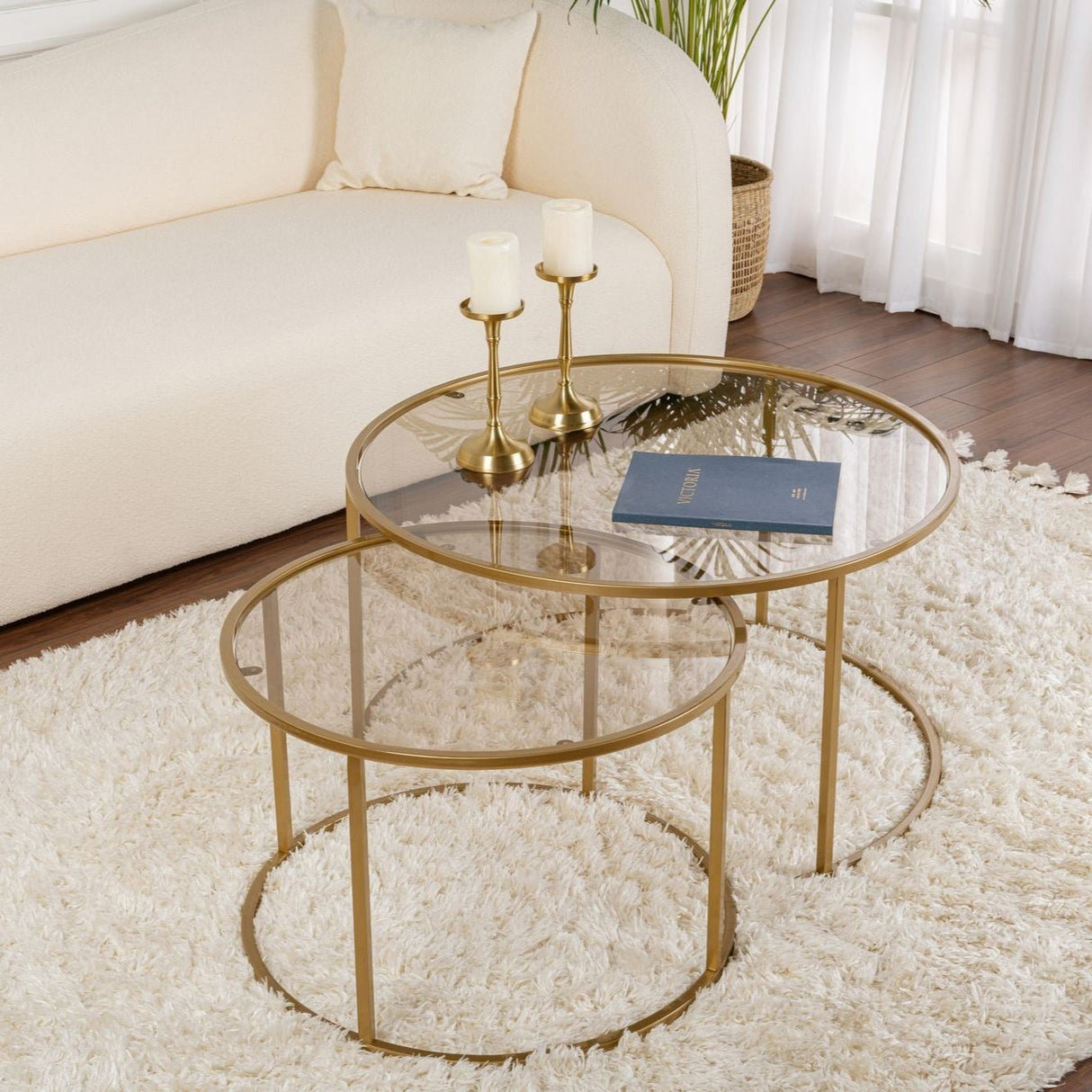 Moderne Runde Couchtisch Set von 2 Uru Gold - Bronze Glas - 80/60 cm