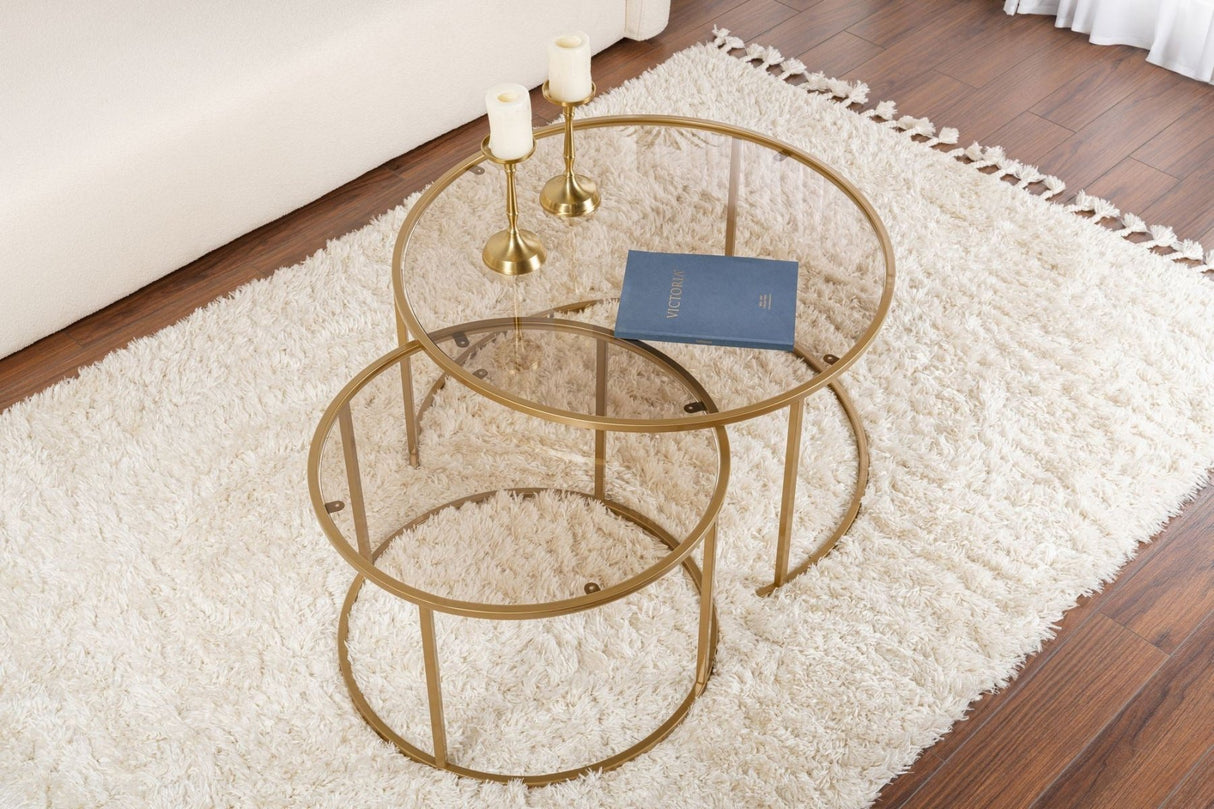Moderne Runde Couchtisch Set von 2 Uru Gold - Bronze Glas - 80/60 cm