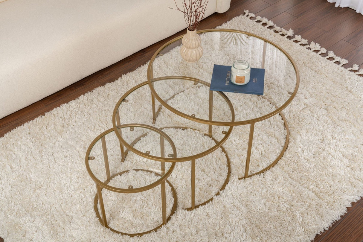 Moderne Runde Couchtisch-Set aus 3 Uru Gold - Transparentes Glas - 80/60/42 cm