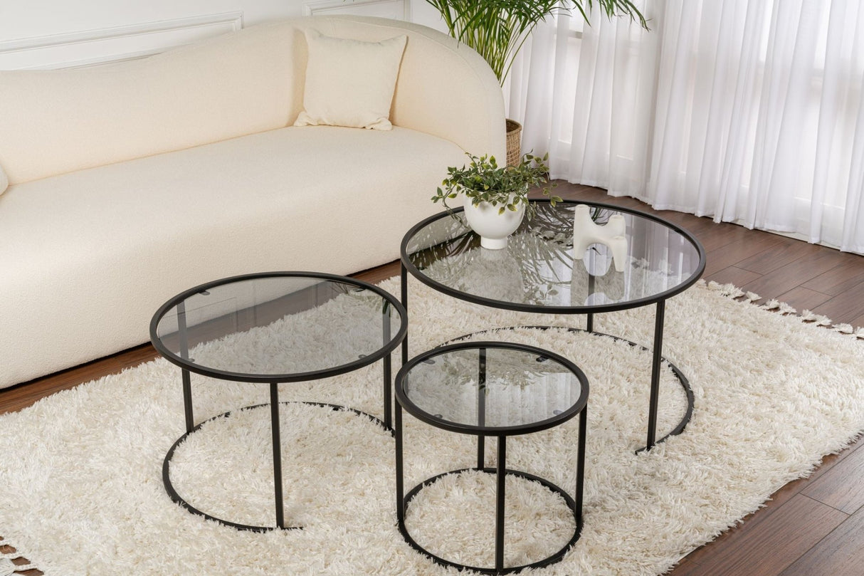 Modern Couchtisch 3er-Set Uru Schwarz - Graues Glas - 80/60/42 cm