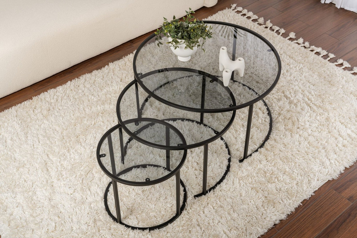 Modern Couchtisch 3er-Set Uru Schwarz - Graues Glas - 80/60/42 cm