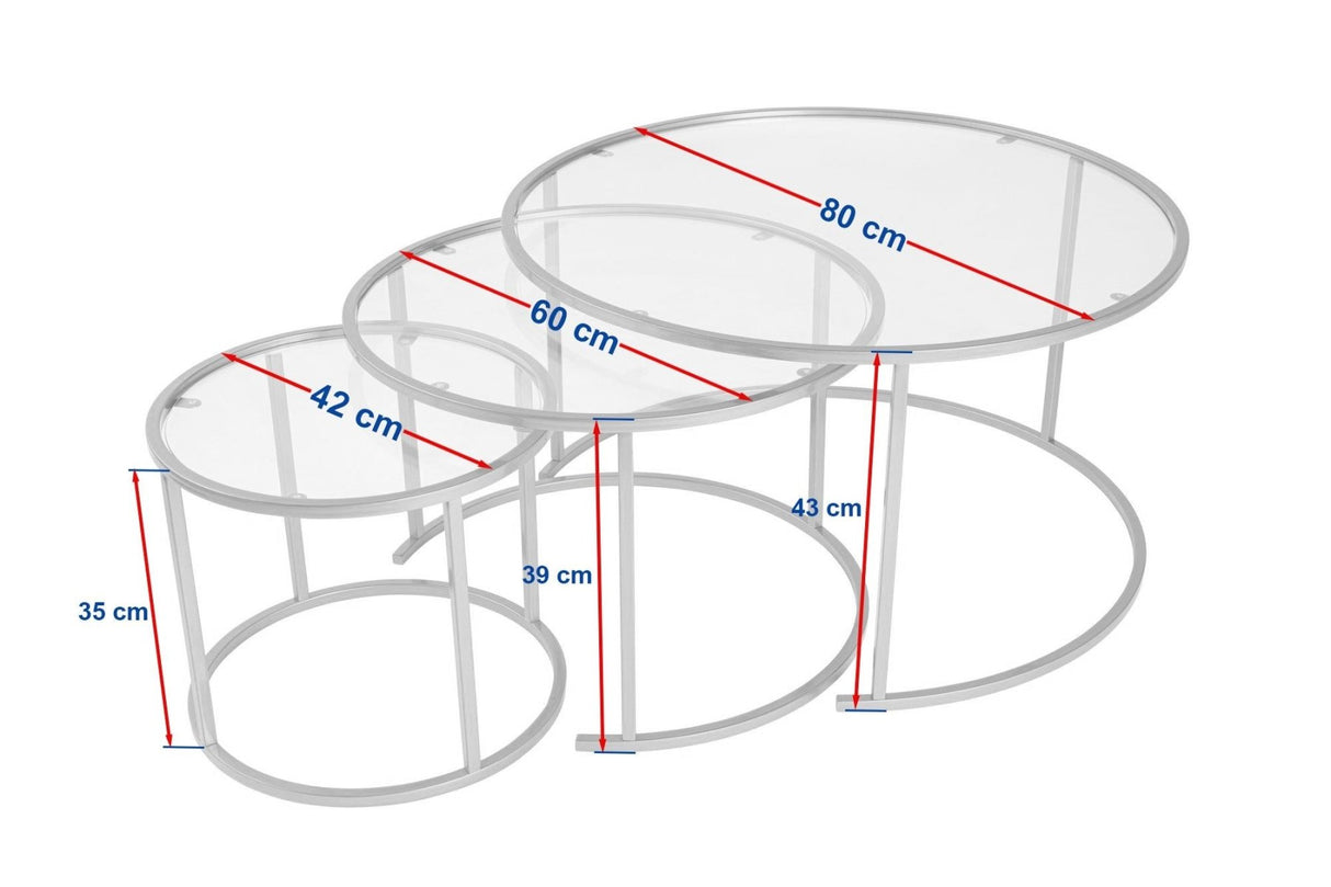 Modern Couchtisch 3er-Set Uru Schwarz - Graues Glas - 80/60/42 cm