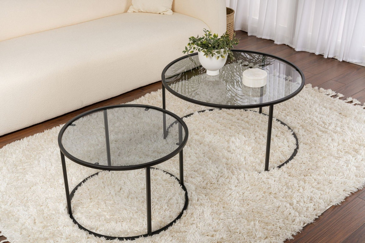 Moderne runde Couchtisch-Set aus 2 Uru Schwarz - Graues Glas - 80/60 cm