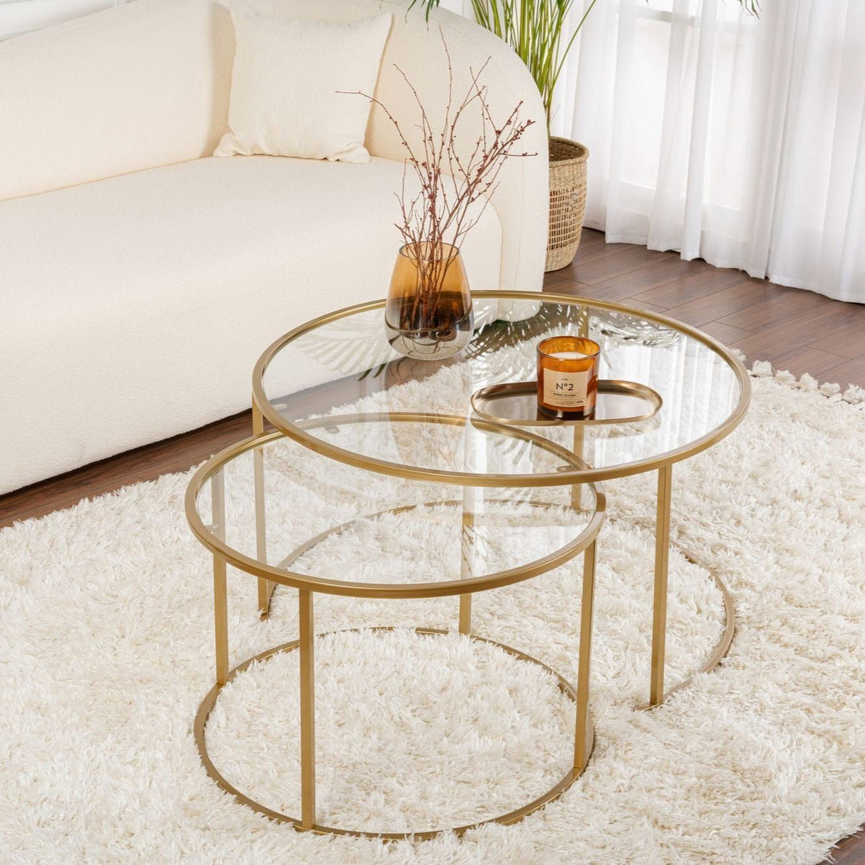 Moderne Runde Couchtisch-Set aus 2 Uru Gold - Transparentes Glas - 80/60 cm