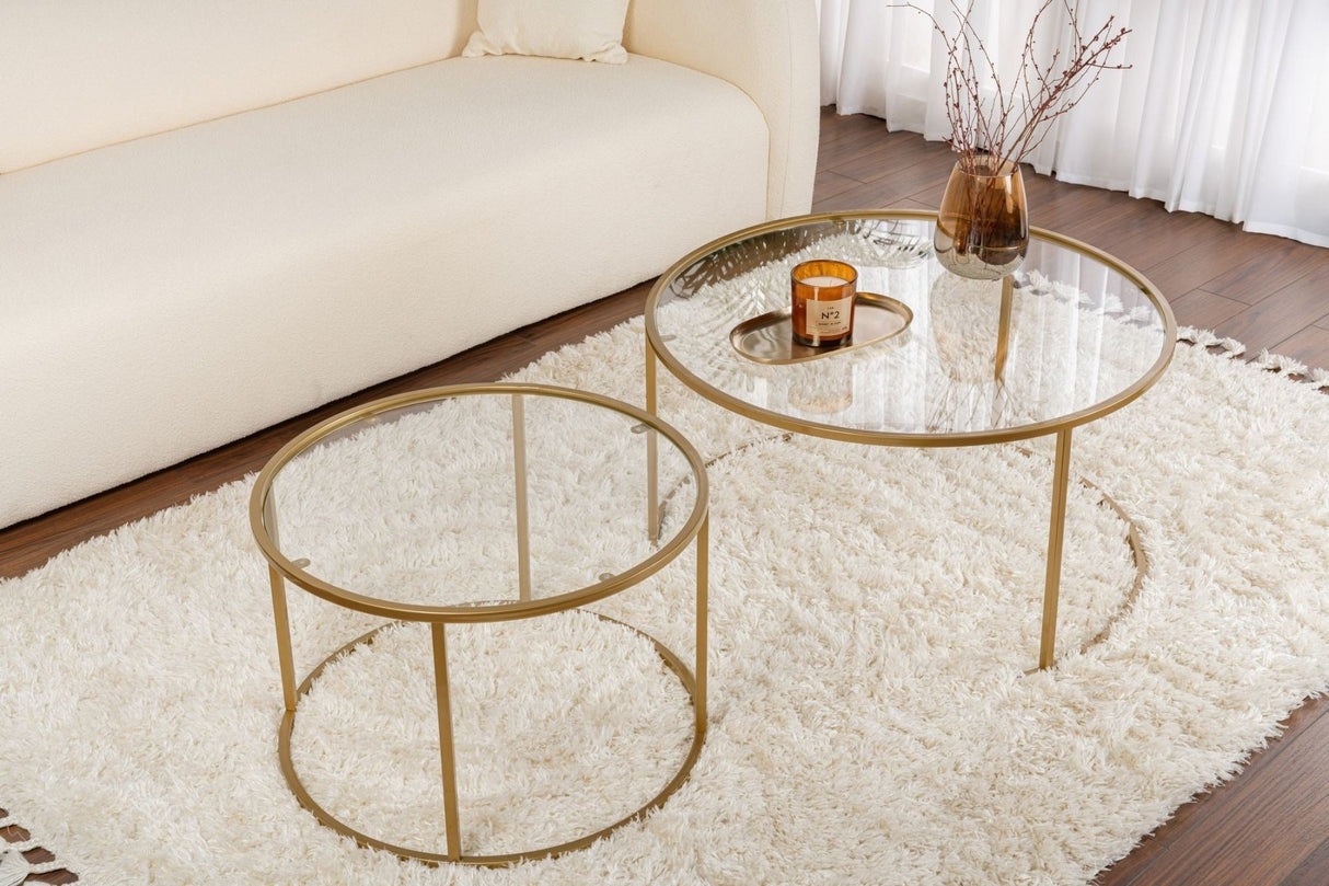 Moderne Runde Couchtisch-Set aus 2 Uru Gold - Transparentes Glas - 80/60 cm