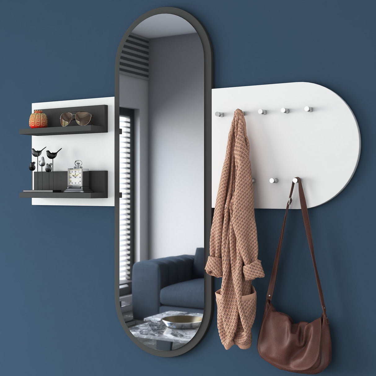 Kleiderständer Weiß Melamin 9-Haken - Mit Spiegel - Zwei Regale