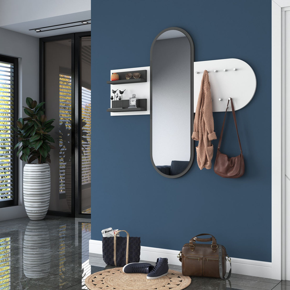 Kleiderständer Weiß Melamin 9-Haken - Mit Spiegel - Zwei Regale