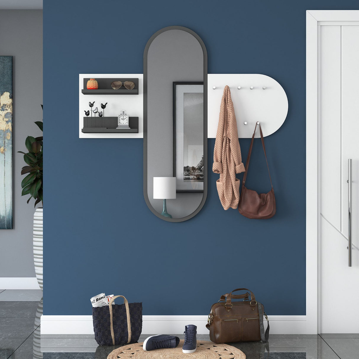 Kleiderständer Weiß Melamin 9-Haken - Mit Spiegel - Zwei Regale