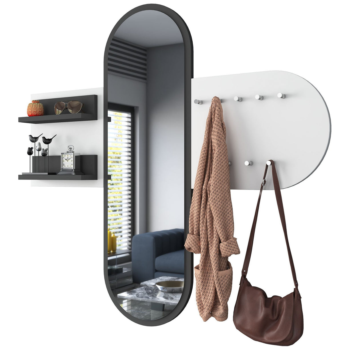 Kleiderständer Weiß Melamin 9-Haken - Mit Spiegel - Zwei Regale