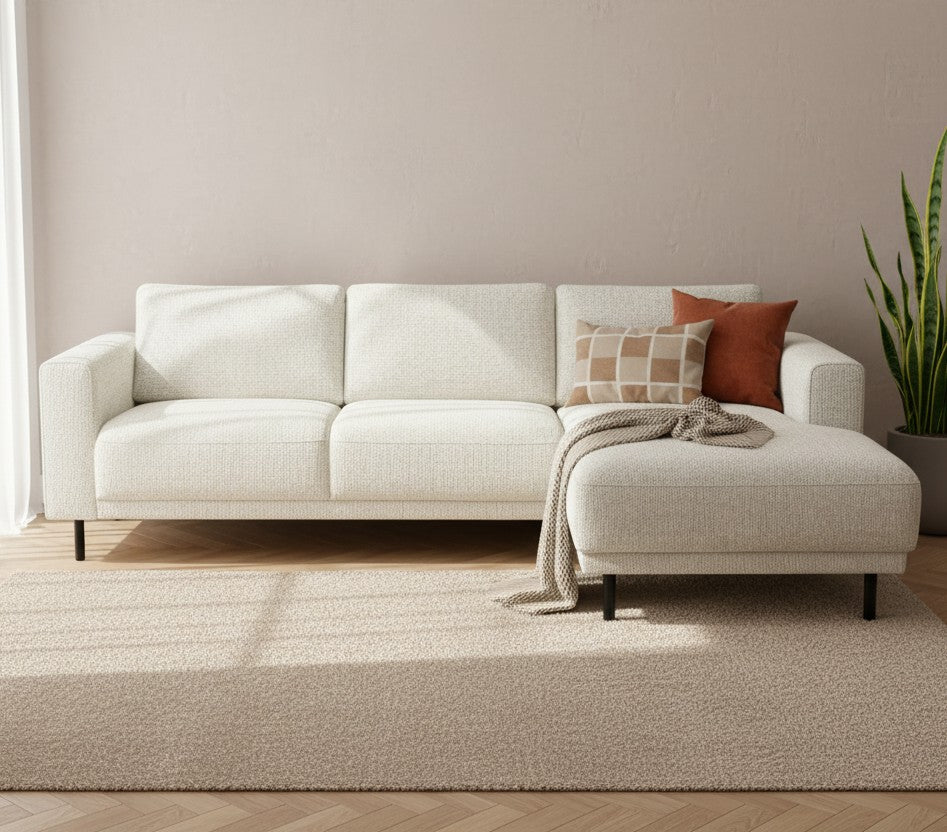 Banken - Moderne Hoekbank Rechts Beige Stof Aniko met Chaise Longue 238x142x78 cm - Dimehouse