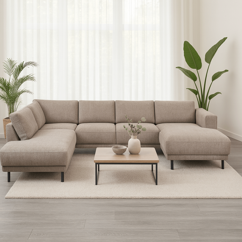 Modernes U-Sofa Ecksofa links, taupe Stoff Aniko, 310x197x78 cm