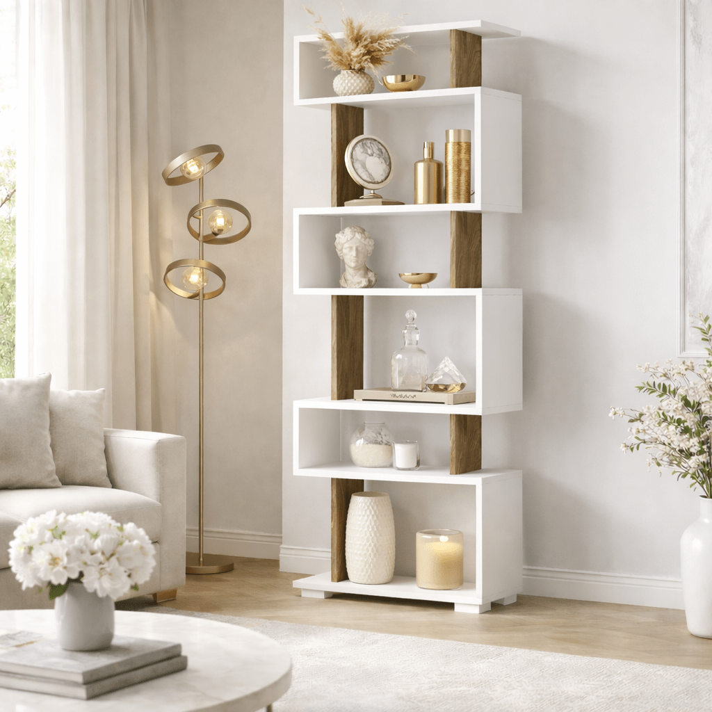 Boekenkasten - Design vakkenkast wit met walnoot melamine Blok 60x165x19,5 cm - Dimehouse