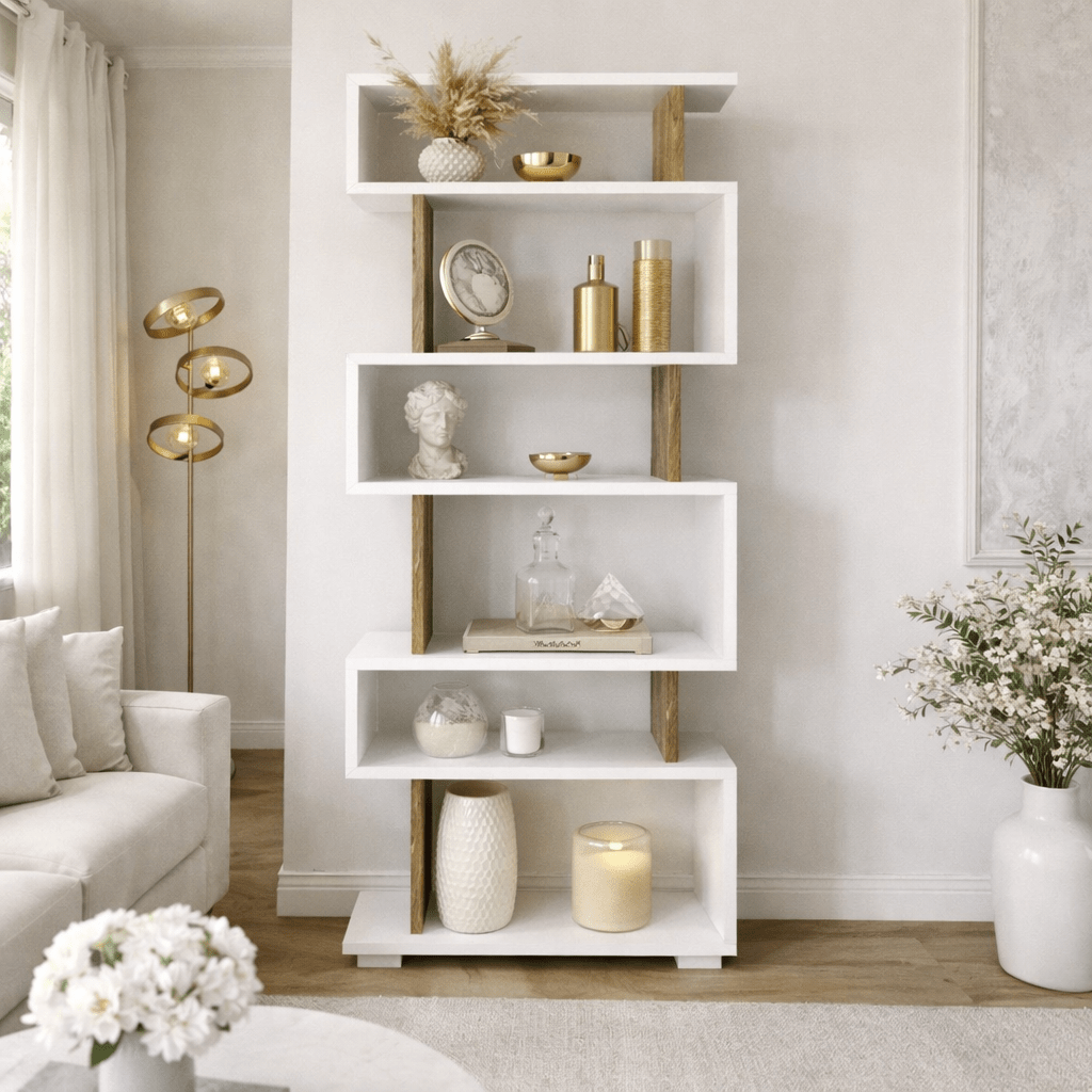 Boekenkasten - Design vakkenkast wit met walnoot melamine Blok 60x165x19,5 cm - Dimehouse