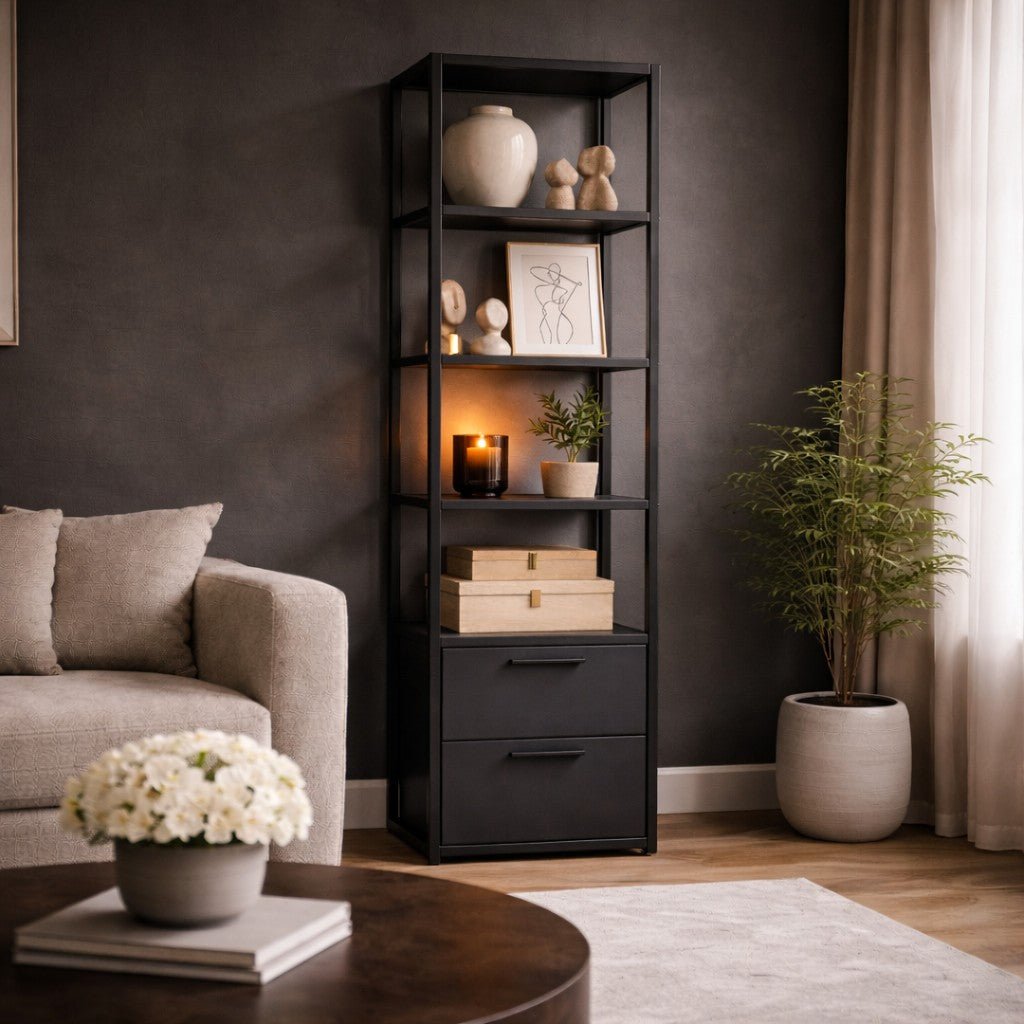 Boekenkasten - Boekenkast Robbins Black Zwart Antraciet Melamine 39x160x39 cm - Dimehouse