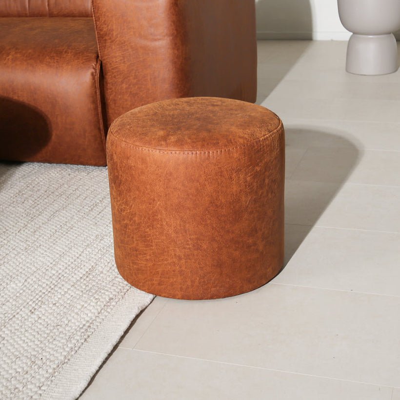 Poefs-Ronde poef cognac ecoleer - 40x40x35 cm - Mave-Dimehouse