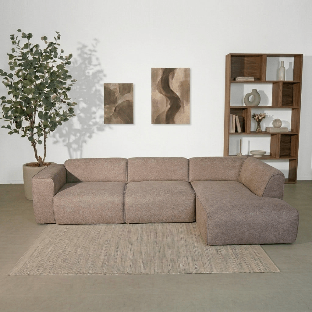 Banken-Hoekbank taupe chenille bouclé - 305x169 cm - Jaylen - rechts-Dimehouse