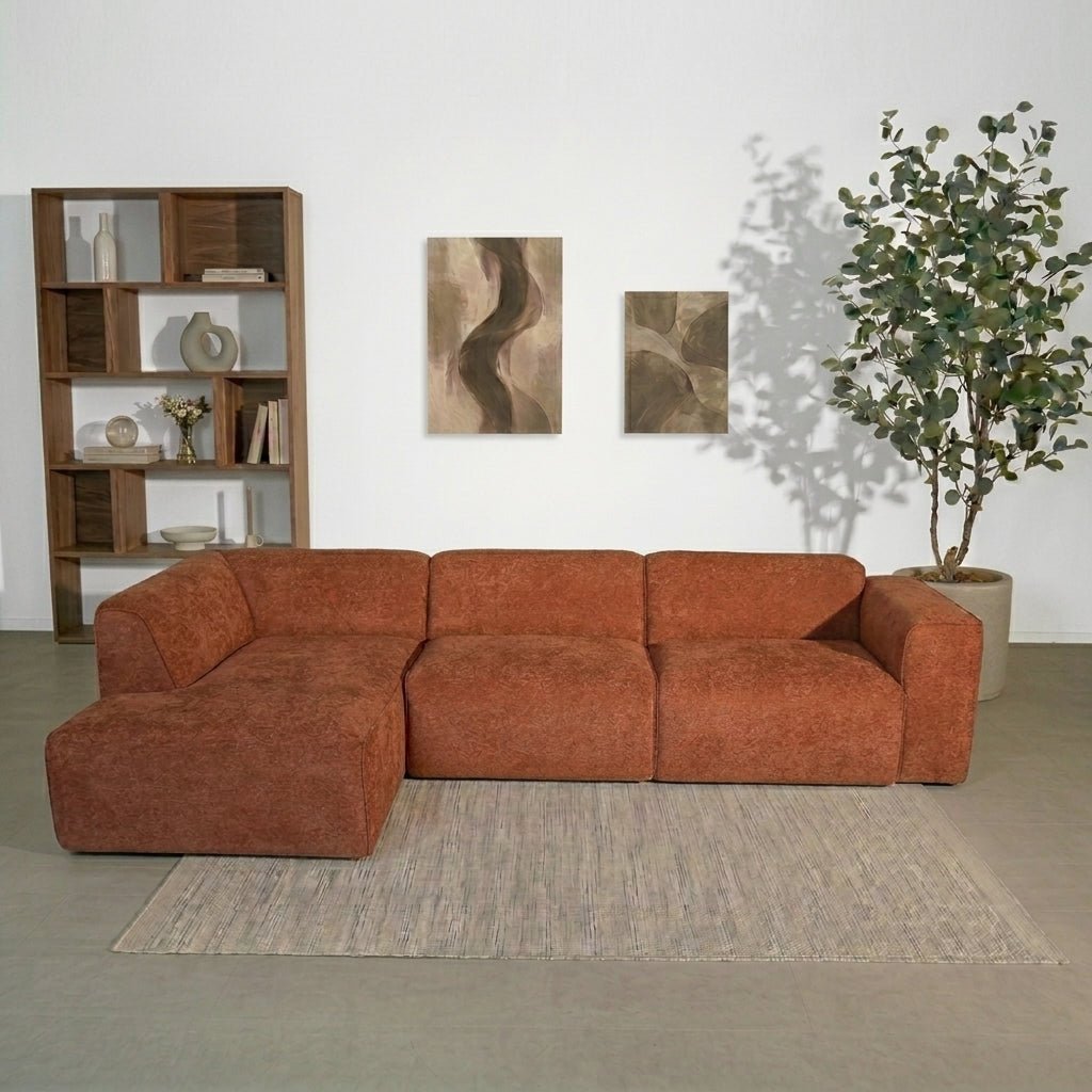 Banken-Hoekbank koper chenille bouclé - 305x169 cm - Jaylen - links-Dimehouse