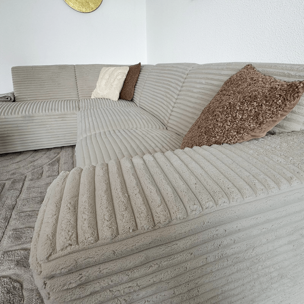Ecksofa beige super weicher Rippenstoff Gavi - links