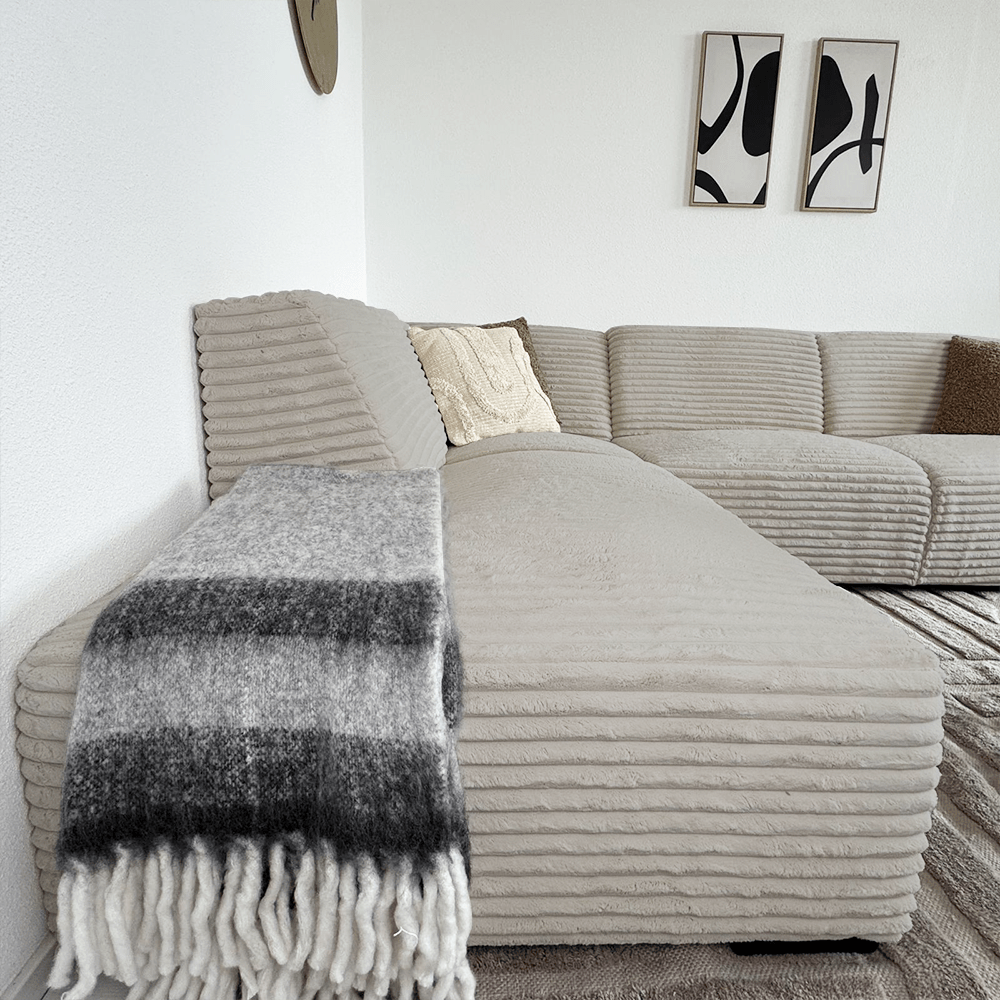 Ecksofa beige super weicher Rippenstoff Gavi - links