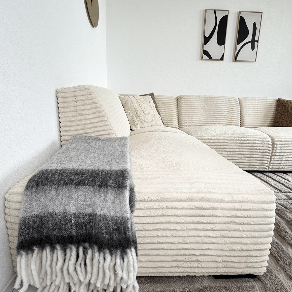 Ecksofa Creme superweiche Rippstoff Gavi - links