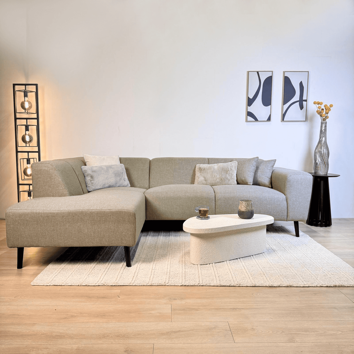 Ecksofa Moby Beige mit kompakter Lounge und recyceltem Stoff - Links