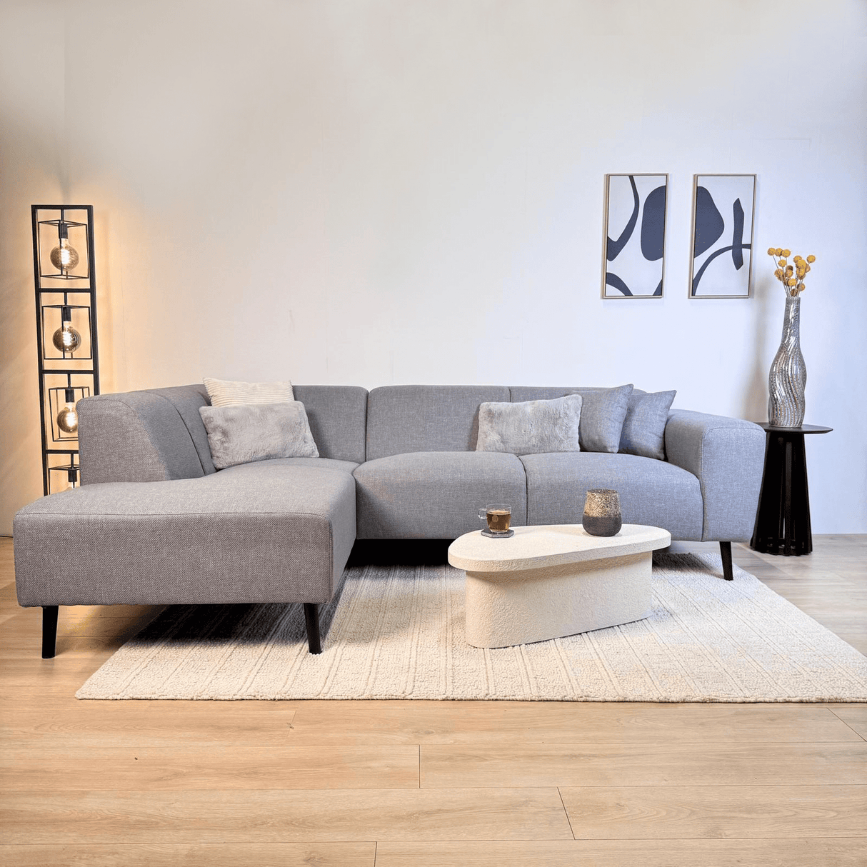 Ecksofa mit kompakter Lounge grau-blauer recycelter Stoff Moby - links