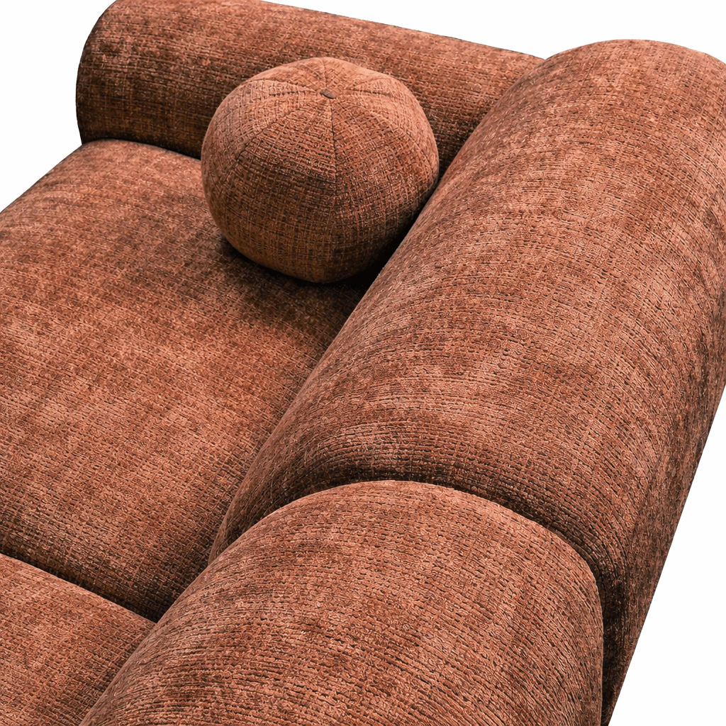 Ecksofa mit kupferfarbenem Chenille-Stoffbezug, Modell Shane - links
