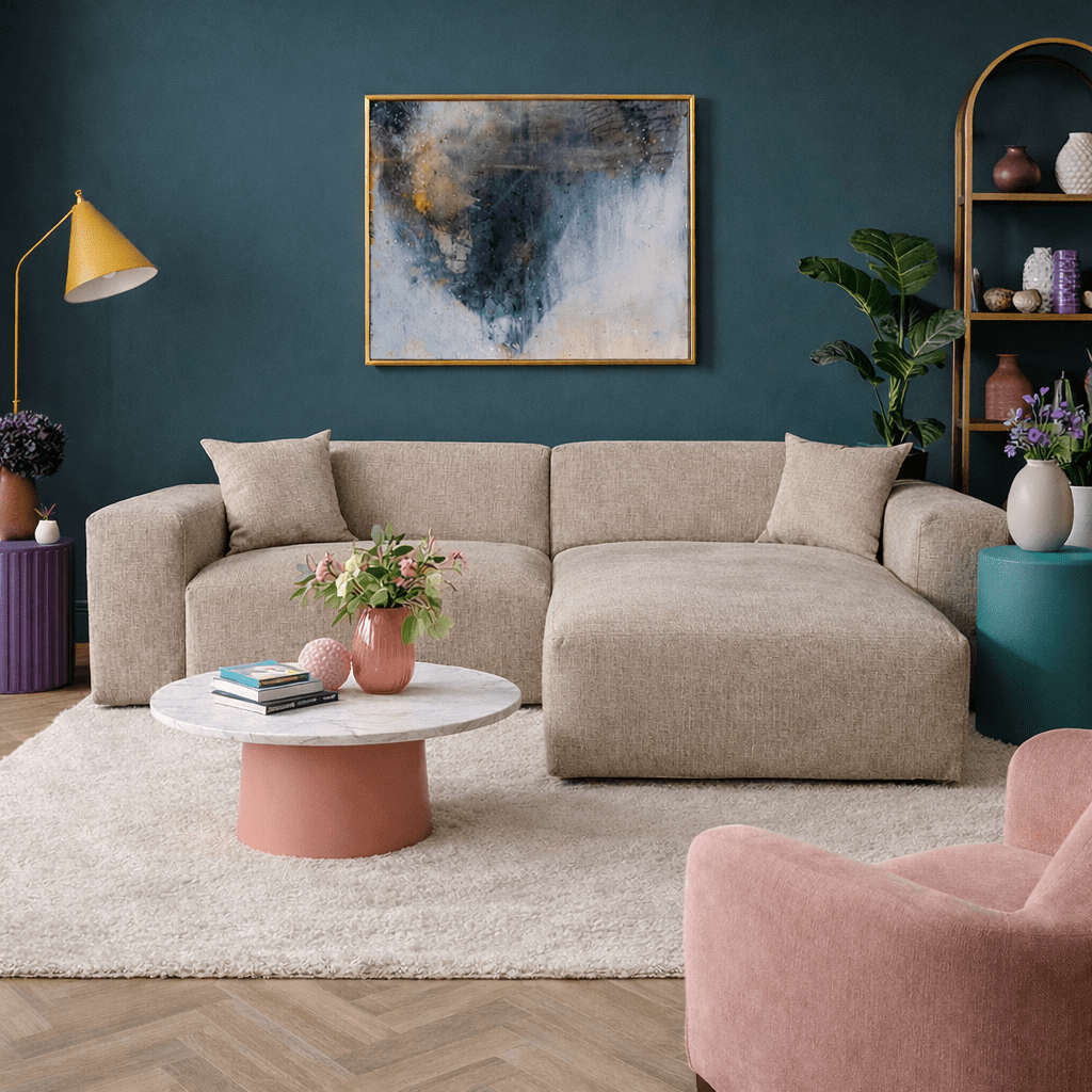 Ecksofa Wayne aus Chenille in Beige, 264 cm – Ecke links und rechts montierbar