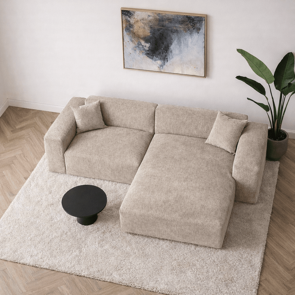 Ecksofa Wayne aus Chenille in Beige, 264 cm – Ecke links und rechts montierbar