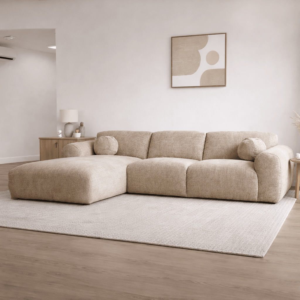Banken - Hoekbank zand chenille stof - 292x169 cm - Shane - links - Dimehouse
