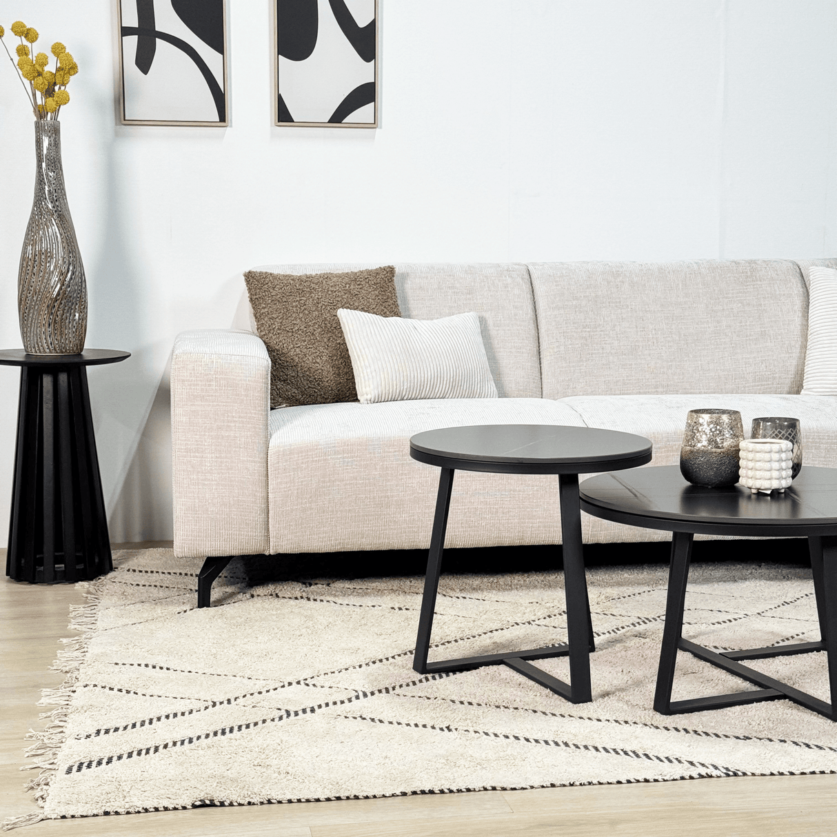 Ecksofa mit Chaiselongue aus beigem Chenille-Stoff Manon - rechts