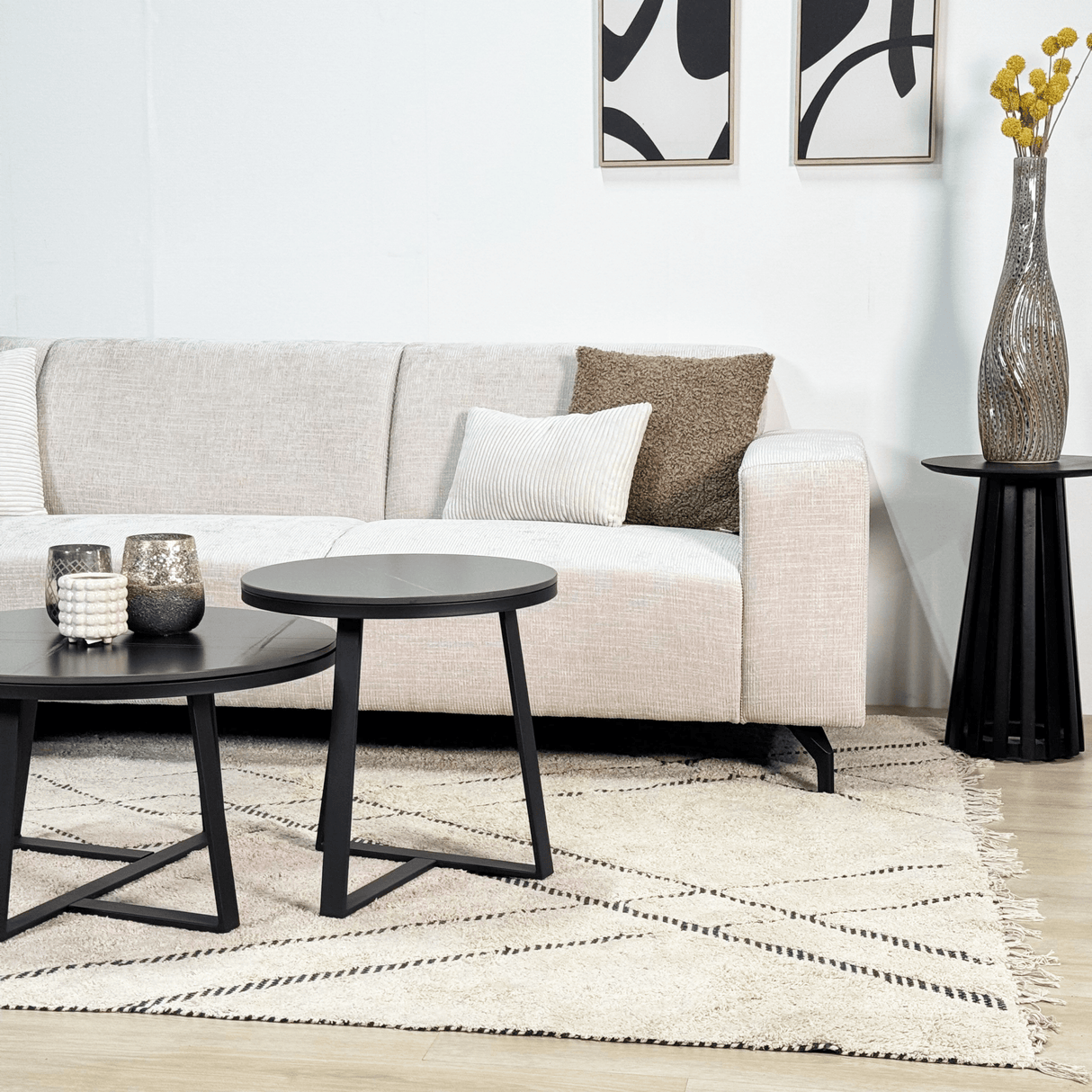 Ecksofa mit Chaiselongue aus beigem Chenille-Stoff Manon - links