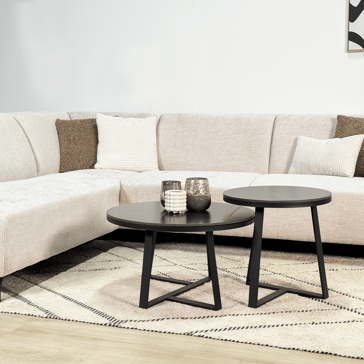 Ecksofa mit Chaiselongue aus beigem Chenille-Stoff Manon - links