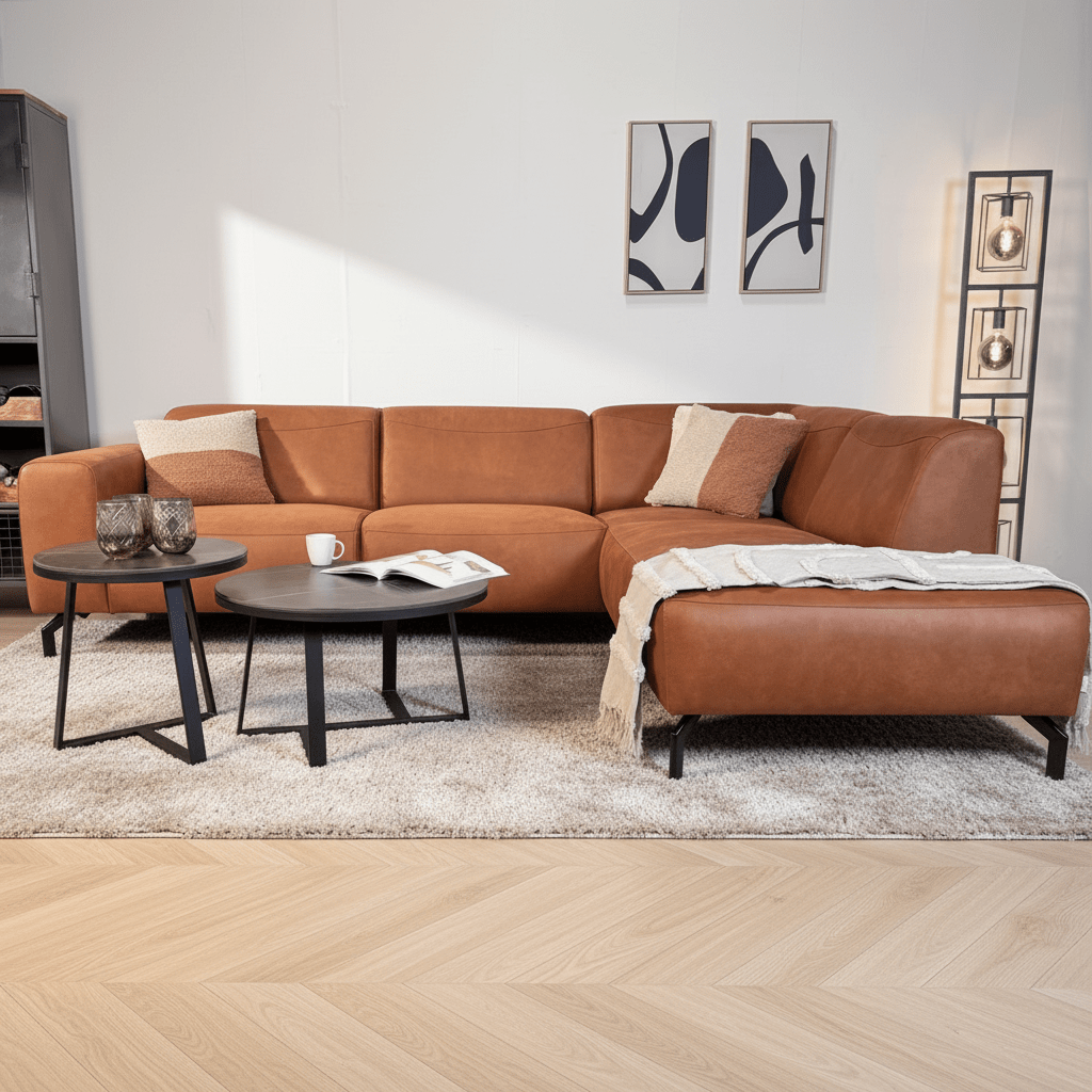 Hoekbank cognac robuust eco-leer Barin - rechts