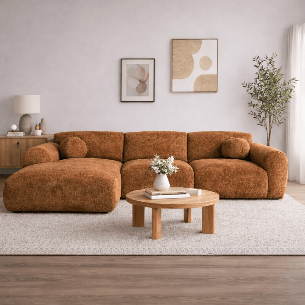 Ecksofa mit kupferfarbenem Chenille-Stoffbezug, Modell Shane - links