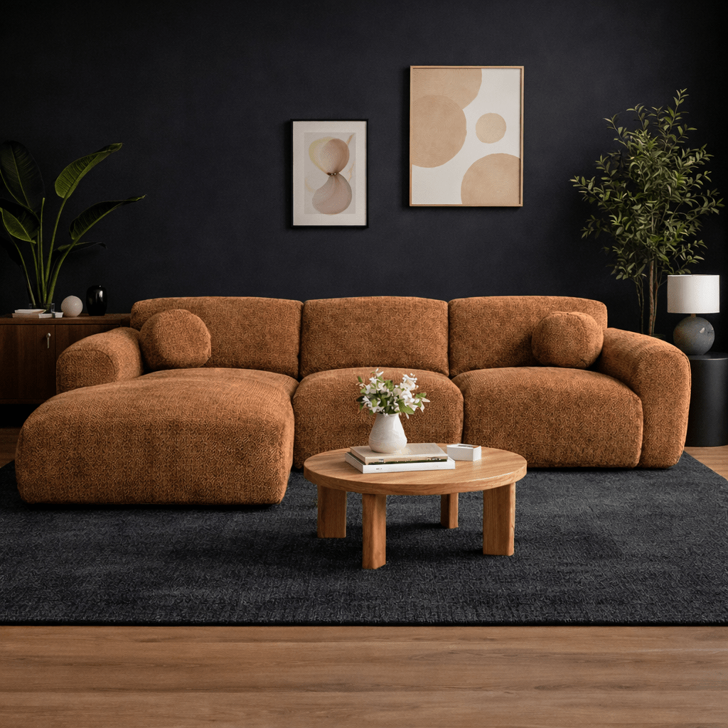 Ecksofa mit kupferfarbenem Chenille-Stoffbezug, Modell Shane - links