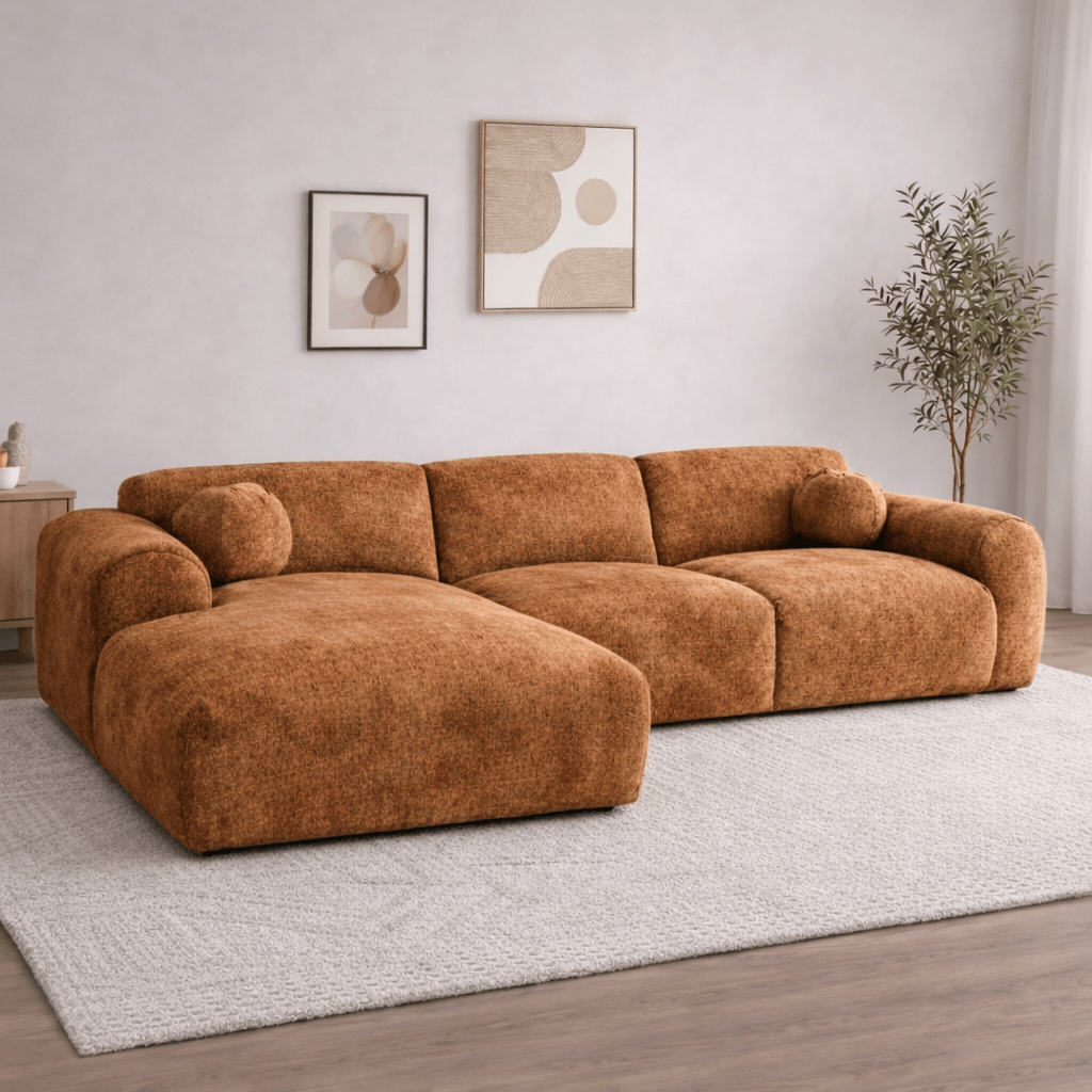 Ecksofa mit kupferfarbenem Chenille-Stoffbezug, Modell Shane - links