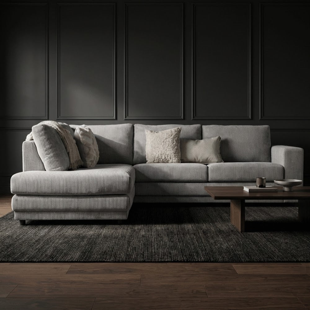 Ecksofa hellgraues Rippstoff-Sofagarnitur Gabi - links