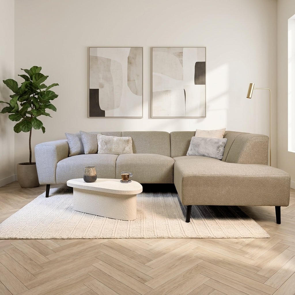 Hoekbank met compacte lounge beige gerecyclede stof Moby - rechts sfeerfoto in modern interieur